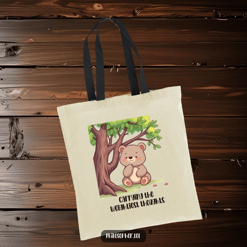 Funny tote bag depicting a happy bear sitting under a tree, engaged in deep, thoughtful pondering, excellent for daily use.