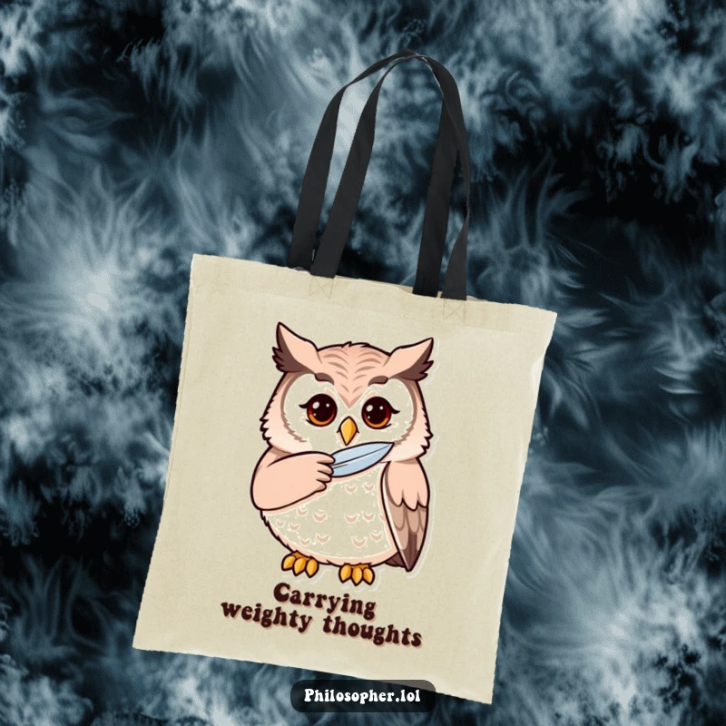 Funny owl tote bag with a thoughtful owl stroking its chin, a humorous and practical accessory for carrying necessities.