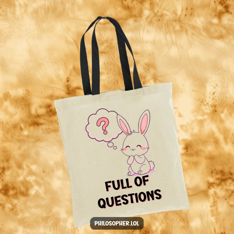 Funny bunny question mark tote bag with a cheerful rabbit contemplating a huge thought bubble and a question mark.