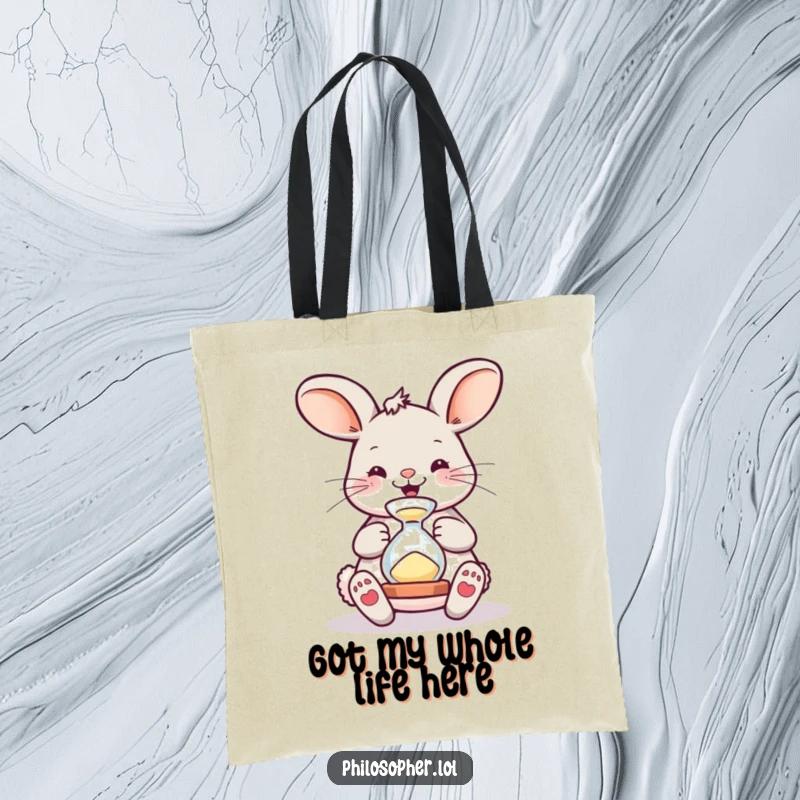 Funny Tote Bag: A bouncing bunny captivated by an hourglass, ideal for carrying items with a whimsical and humorous touch.