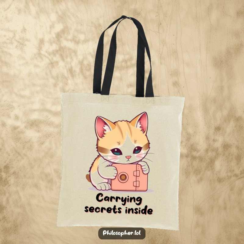 Funny cat tote bag with a curious cat attempting to unlock a tiny box, perfect for carrying essentials humorously.