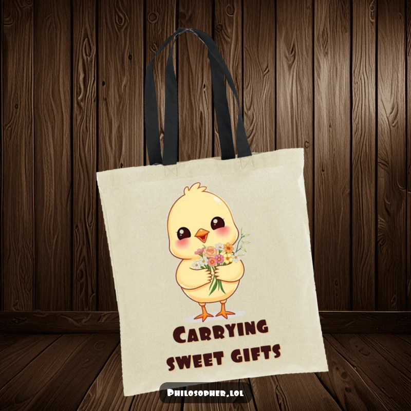 Funny cheerful chick, holding a tiny bouquet of flowers, on a tote bag, a charming symbol of kindness and joy.