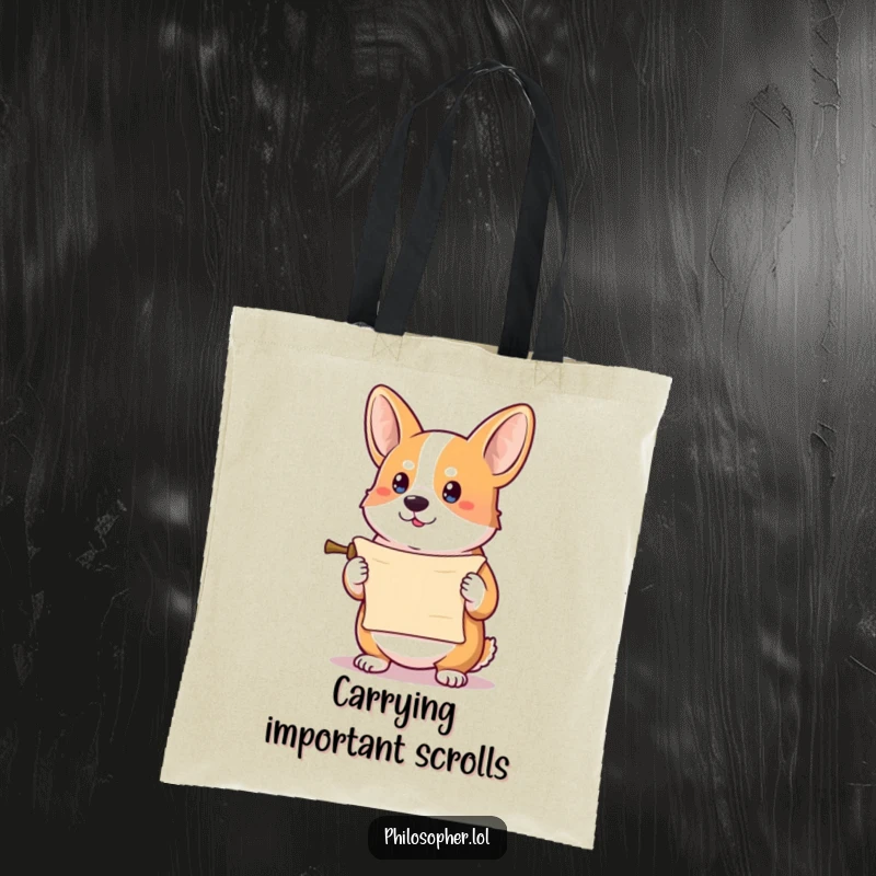 Funny corgi tote bag featuring a determined corgi holding a tiny scroll, a humorous accessory for daily tasks.