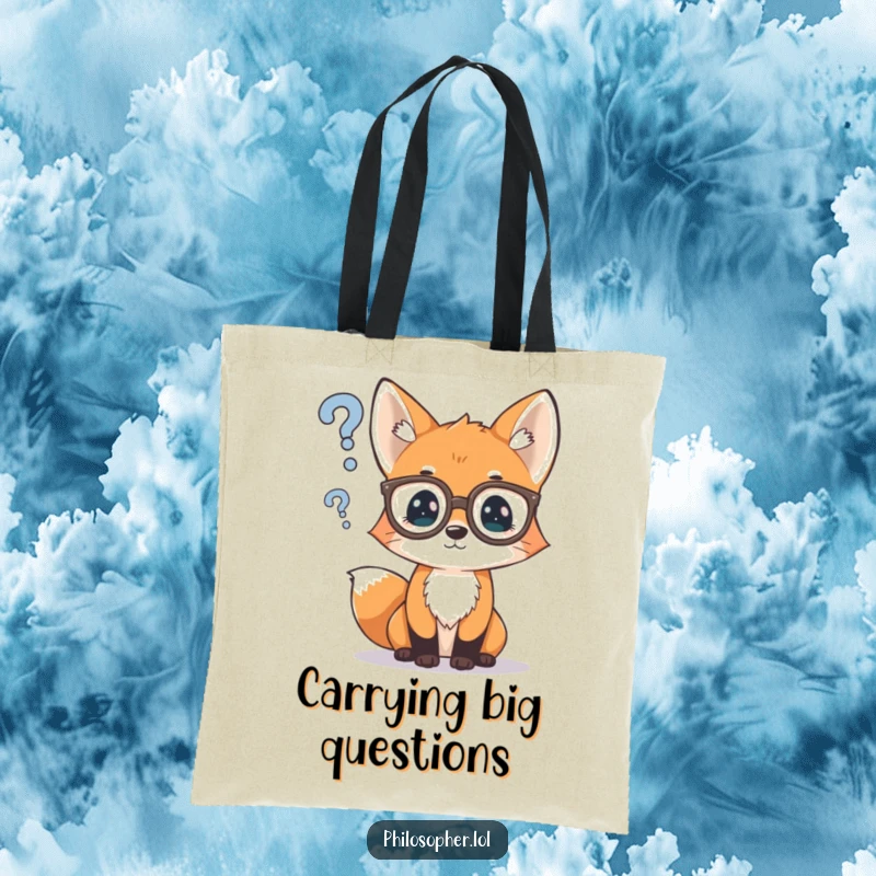 Funny tote bag with a curious fox cub wearing glasses, pondering a question mark, ideal for carrying books and inspiring thought.