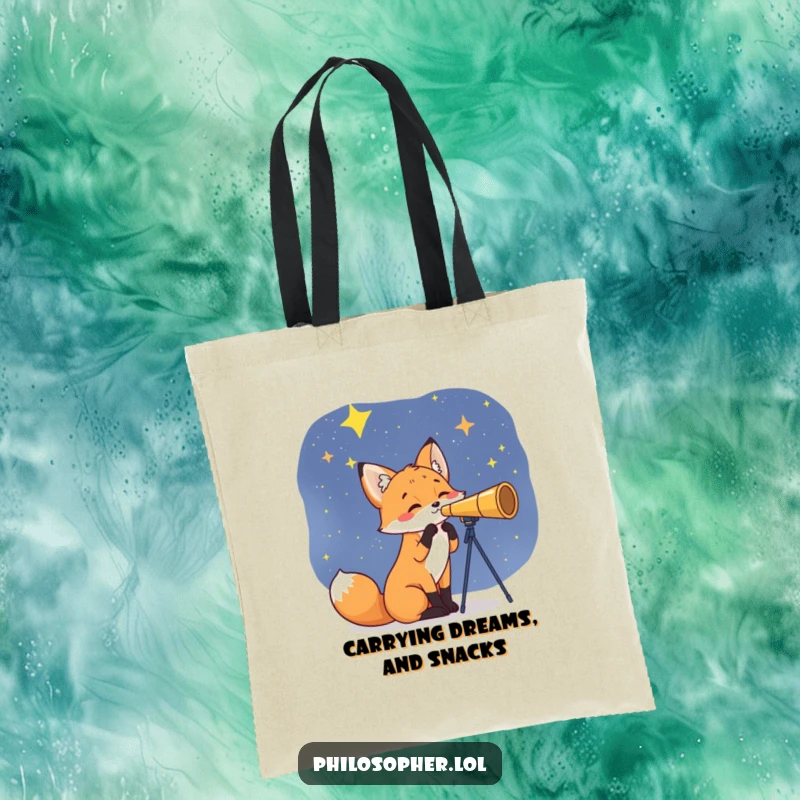 Funny Fox Tote Bag: Curious fox with telescope looking at stars. This humorous tote is practical and stylish, a funny gift.