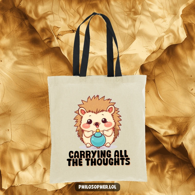 Funny hedgehog tote bag featuring a happy hedgehog captivated by a spinning top, ideal for grocery runs and book hauling.