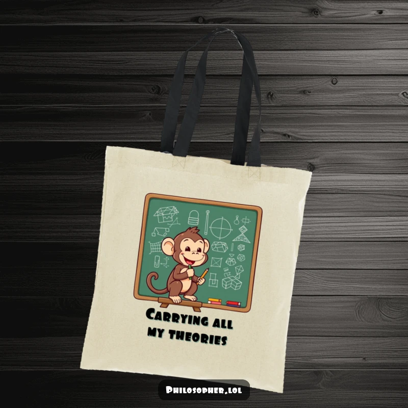 Funny tote bag featuring a cheerful monkey sketching complex diagrams on a chalkboard, ideal for carrying books and ideas.