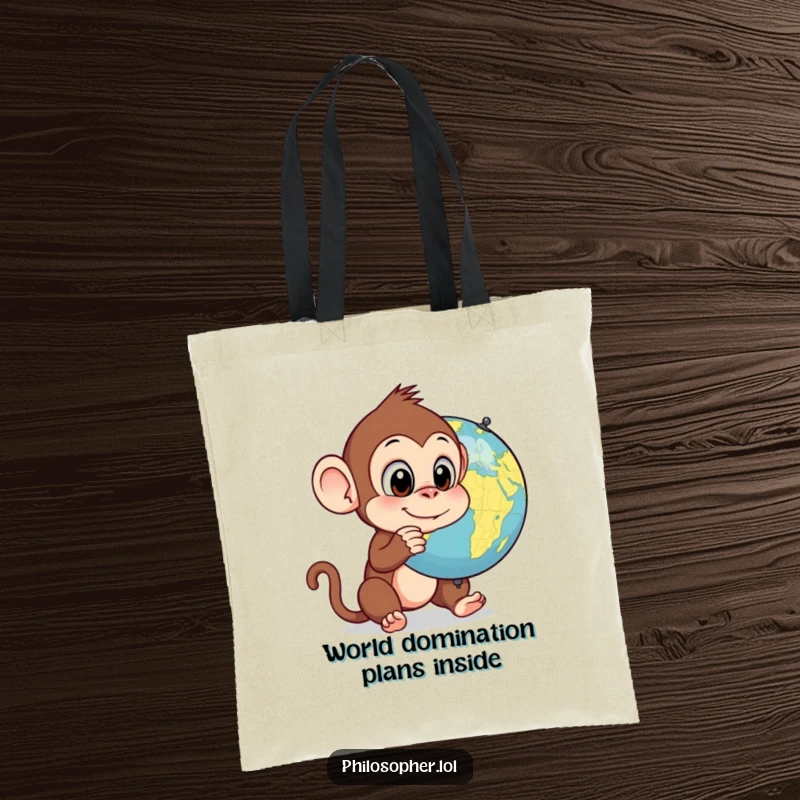 Funny monkey tote bag, carrying groceries, silly monkey looking at a spinning globe, eco-friendly and humorous bag.