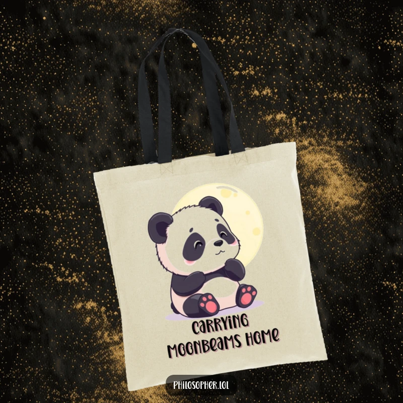 Funny tote bag showing a contented panda cub gazing thoughtfully at the moon, symbolizing peaceful wishes and nighttime dreams. Gift.