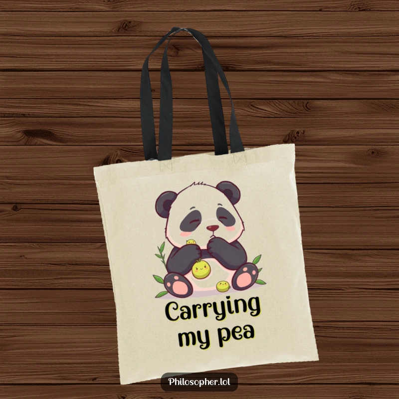 Funny tote bag featuring a panda intensely contemplating a single pea, making it a humorous and practical accessory for daily use.