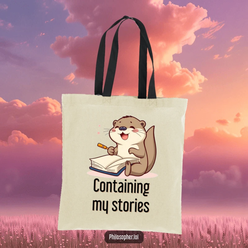 Funny tote bag featuring a joyful otter intensely scribbling in a large book, symbolizing passion for creativity and artistic expression.